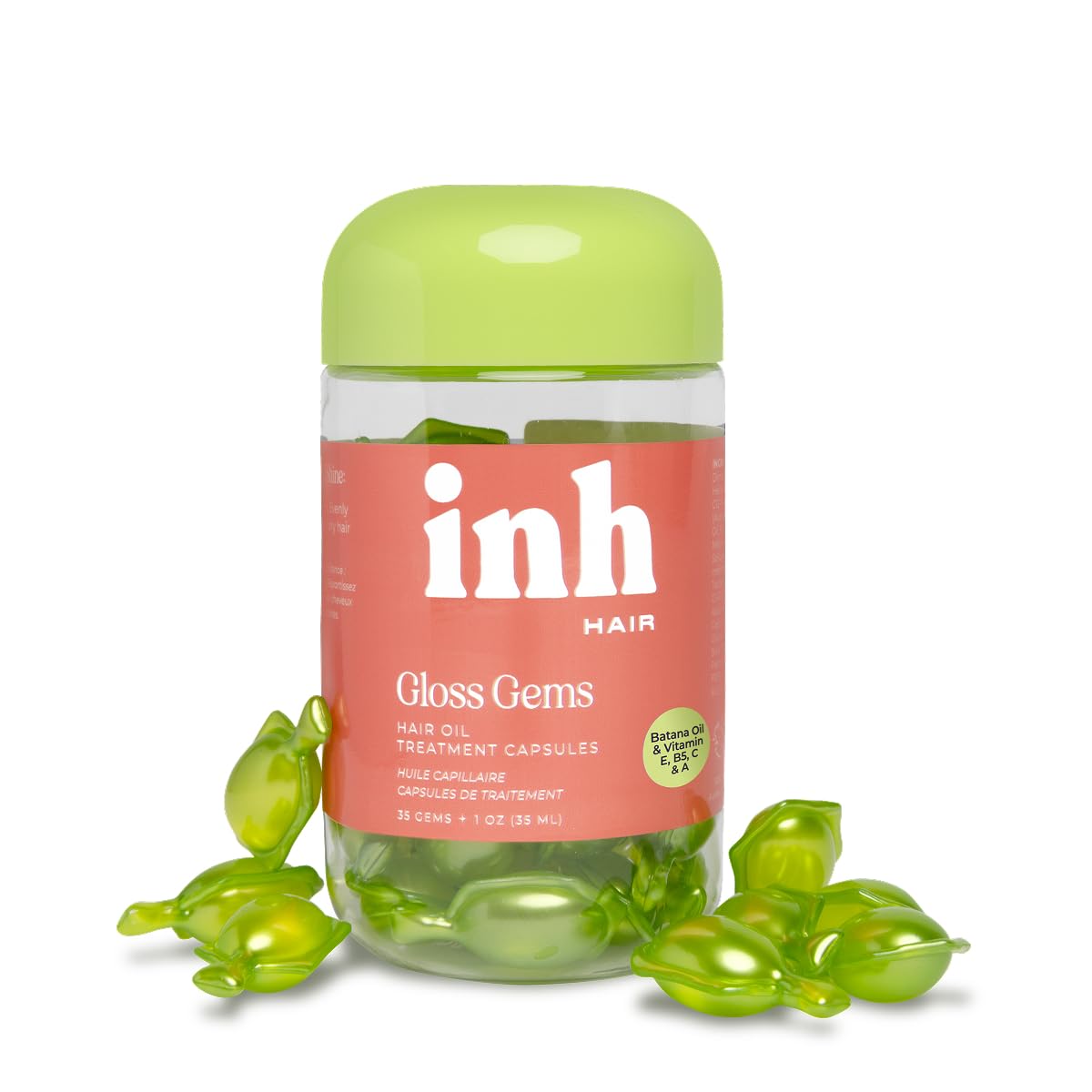 INH Hair Gloss Gems bottle being poured for instant shine on dry hair.