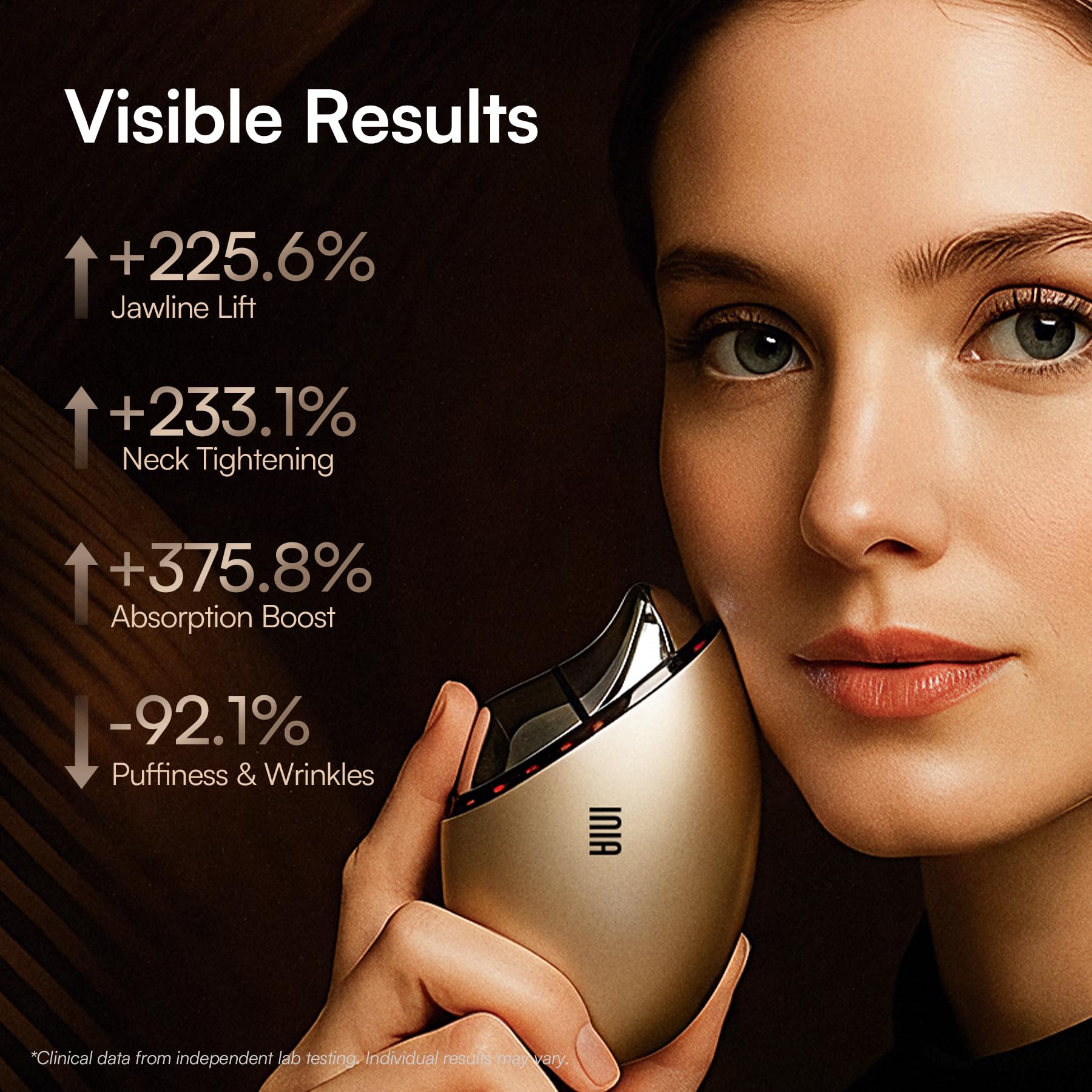 INIA dual LED red and blue light on the face for rejuvenation.
