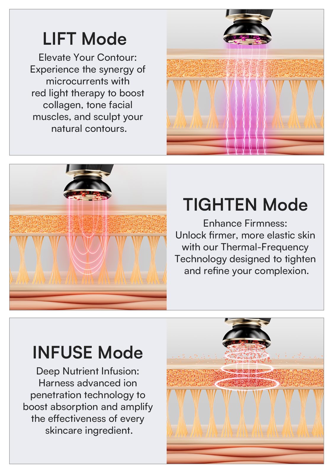 INIA Flare face infuse mode boosts absorption for glowing skin.