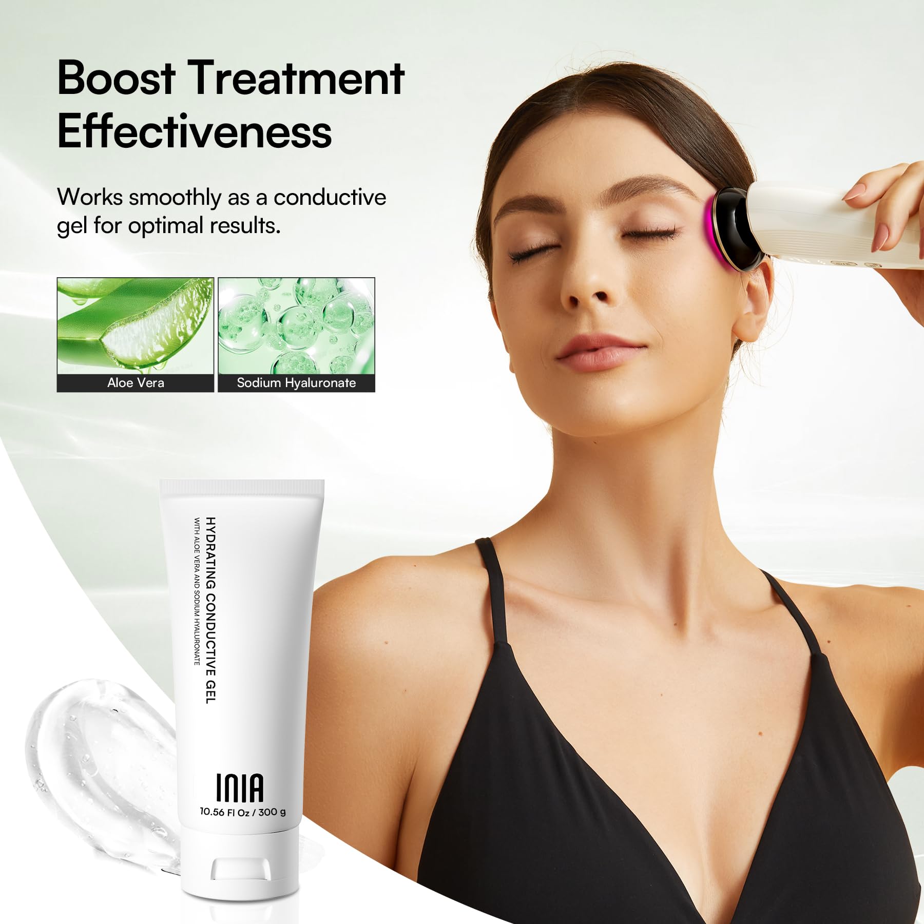 INIA Flare massager in tighten mode for firmer skin and smoother texture