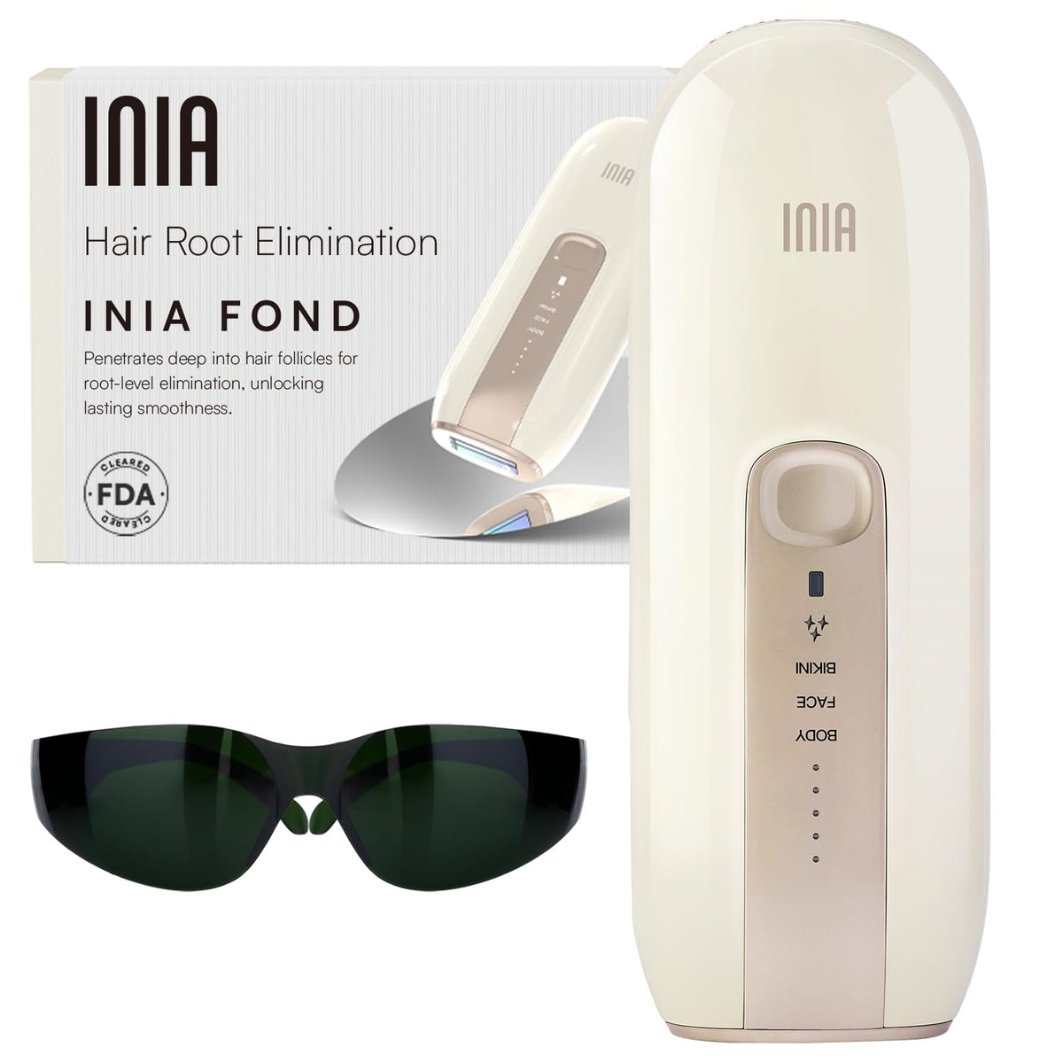 INIA Fond device front view for easy at-home hair removal and storage