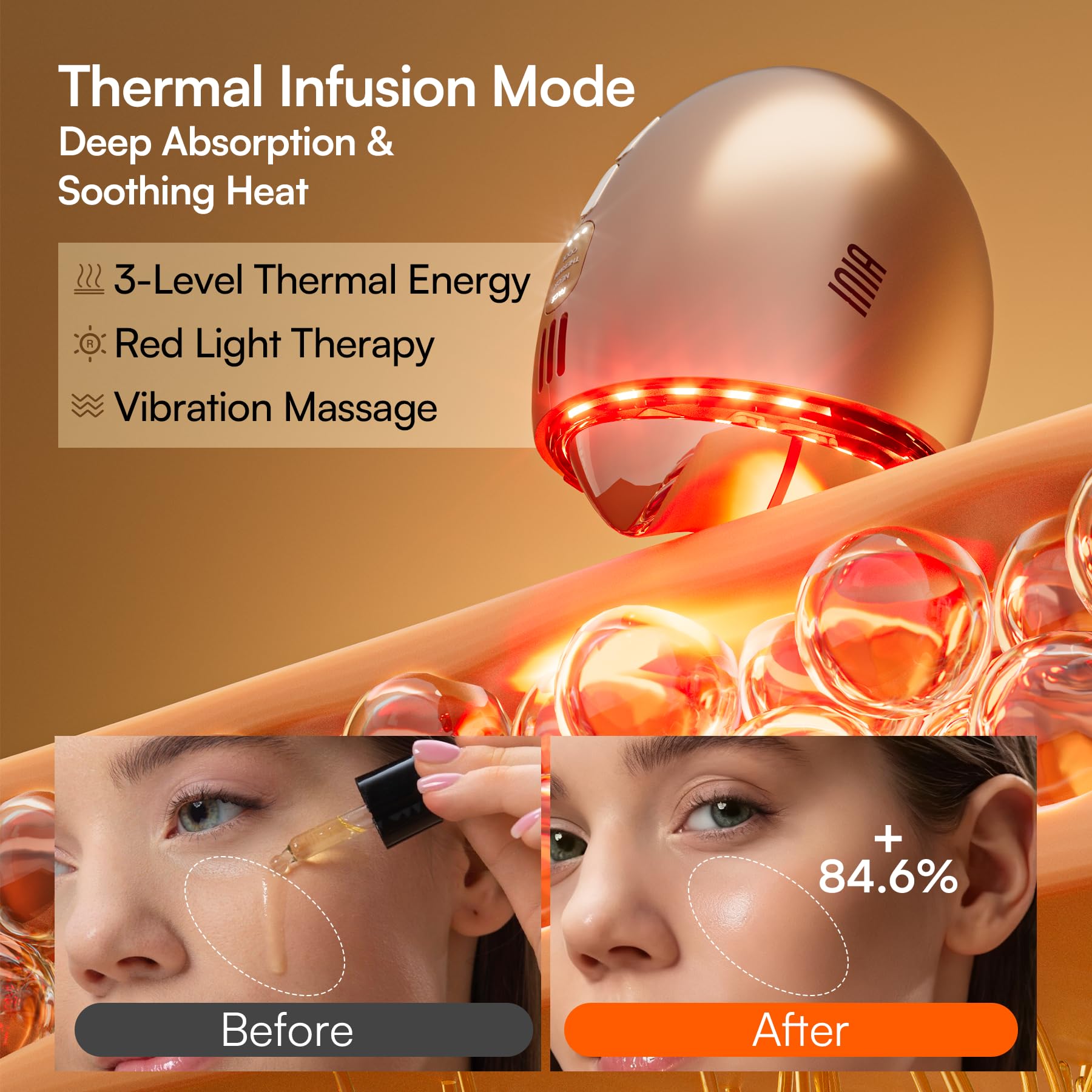 INIA instant cryo-depuff mode cools puffiness around eyes.