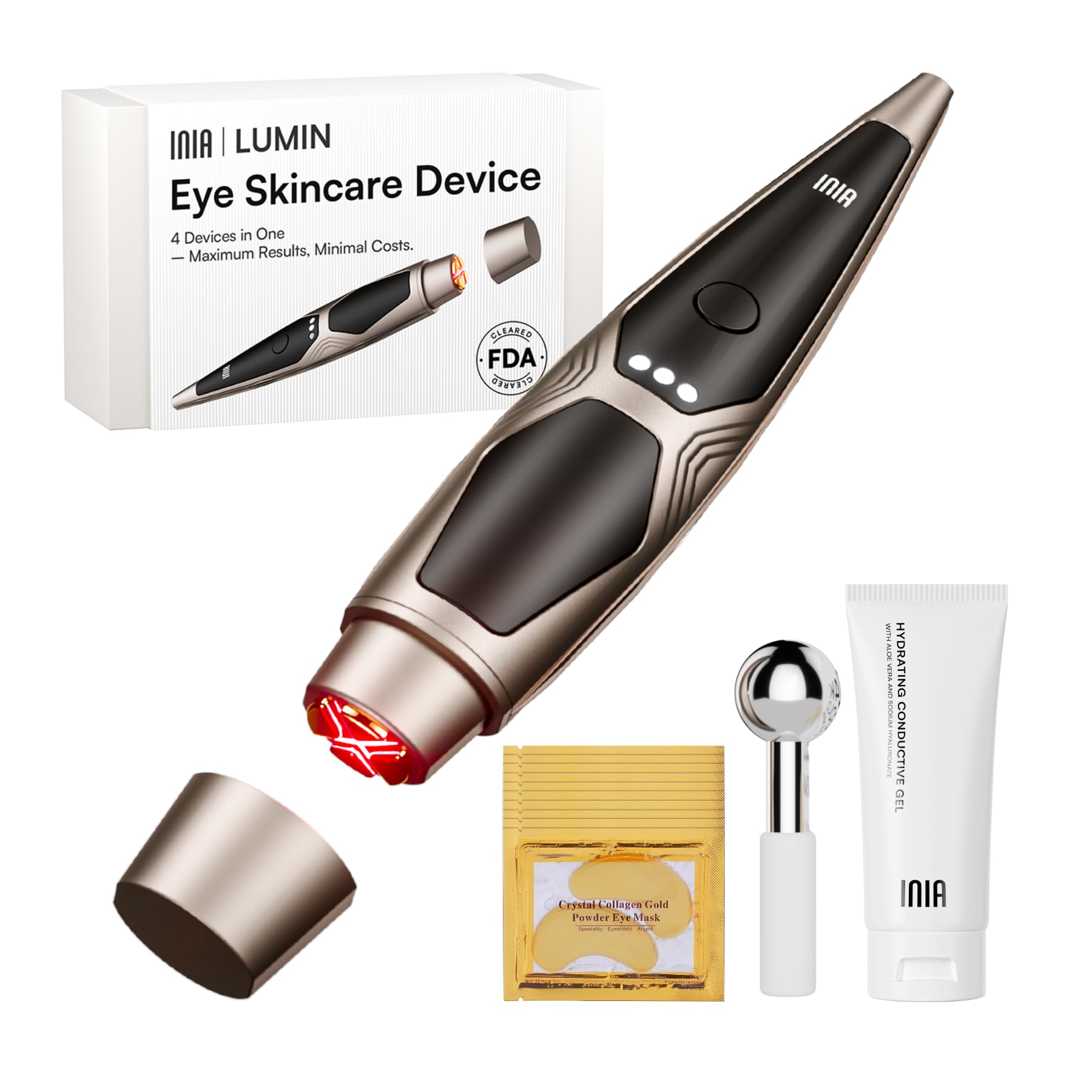 INIA LUMIN eye therapy wand delivering red light for refreshed under-eye skin.