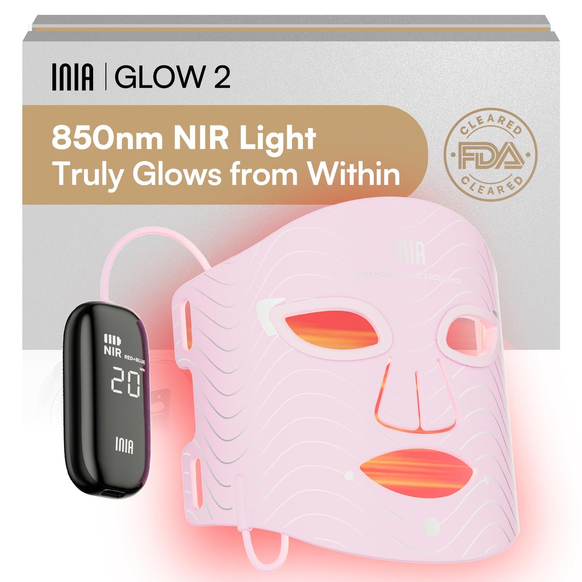 INIA red light mask face front view for radiant skin improvement.