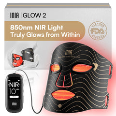 INIA Red Light Mask shown during setup, highlighting a comfortable fit for at-home skincare sessions.