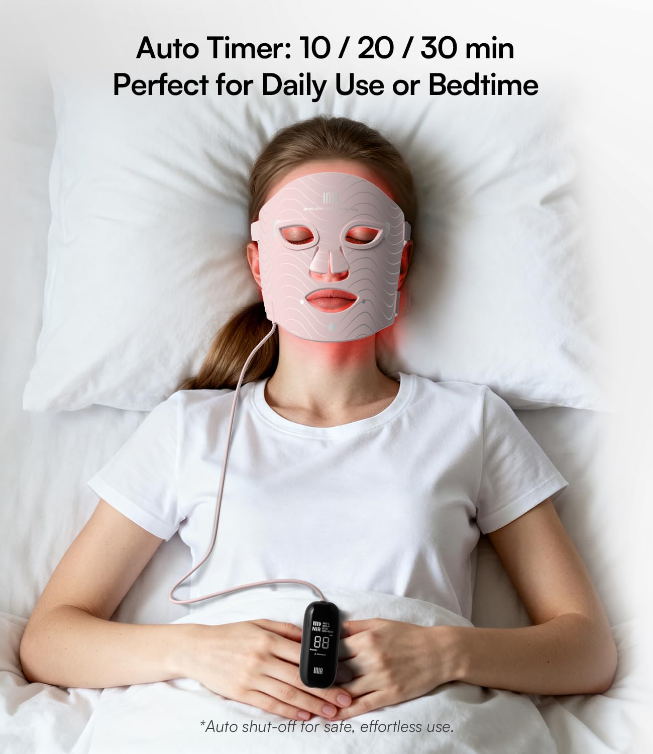 INIA red light mask in use on skincare routine at home.