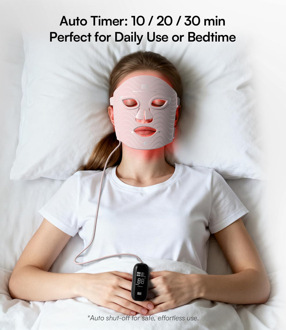 INIA red light mask in use on skincare routine at home.