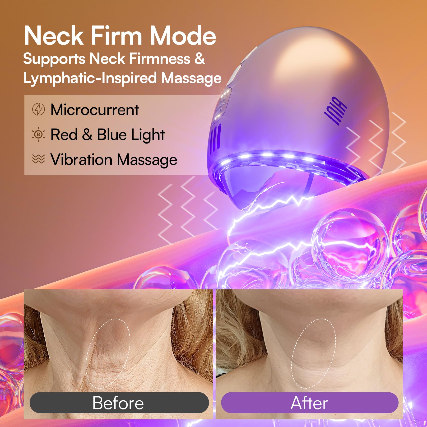 INIA thermal red LED mode boosts absorption for skincare products.