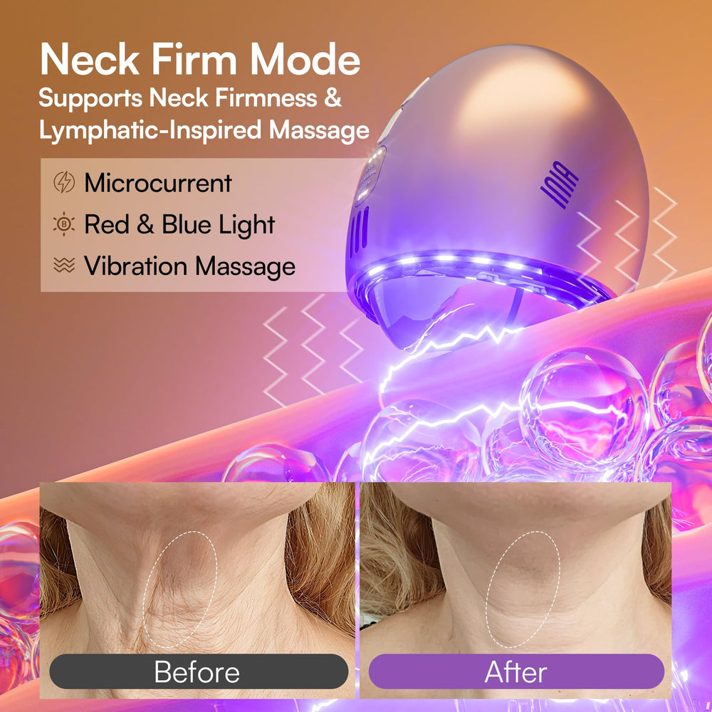 INIA thermal red LED mode boosts absorption for skincare products.