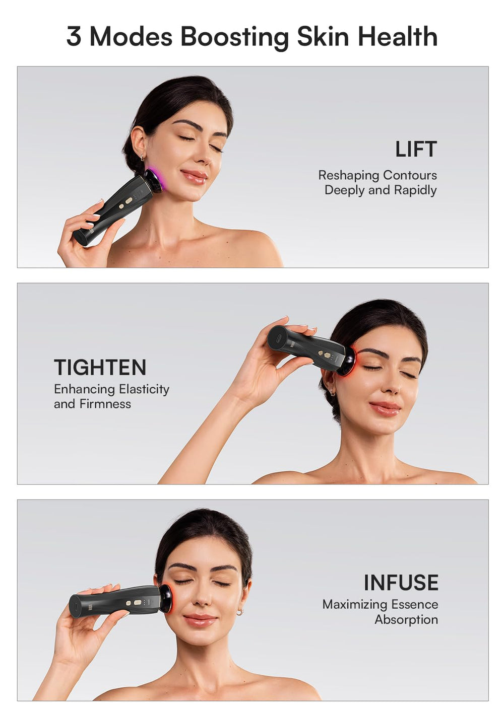 INIA True Beauty Glow LIFT mode supports facial contour definition during use.