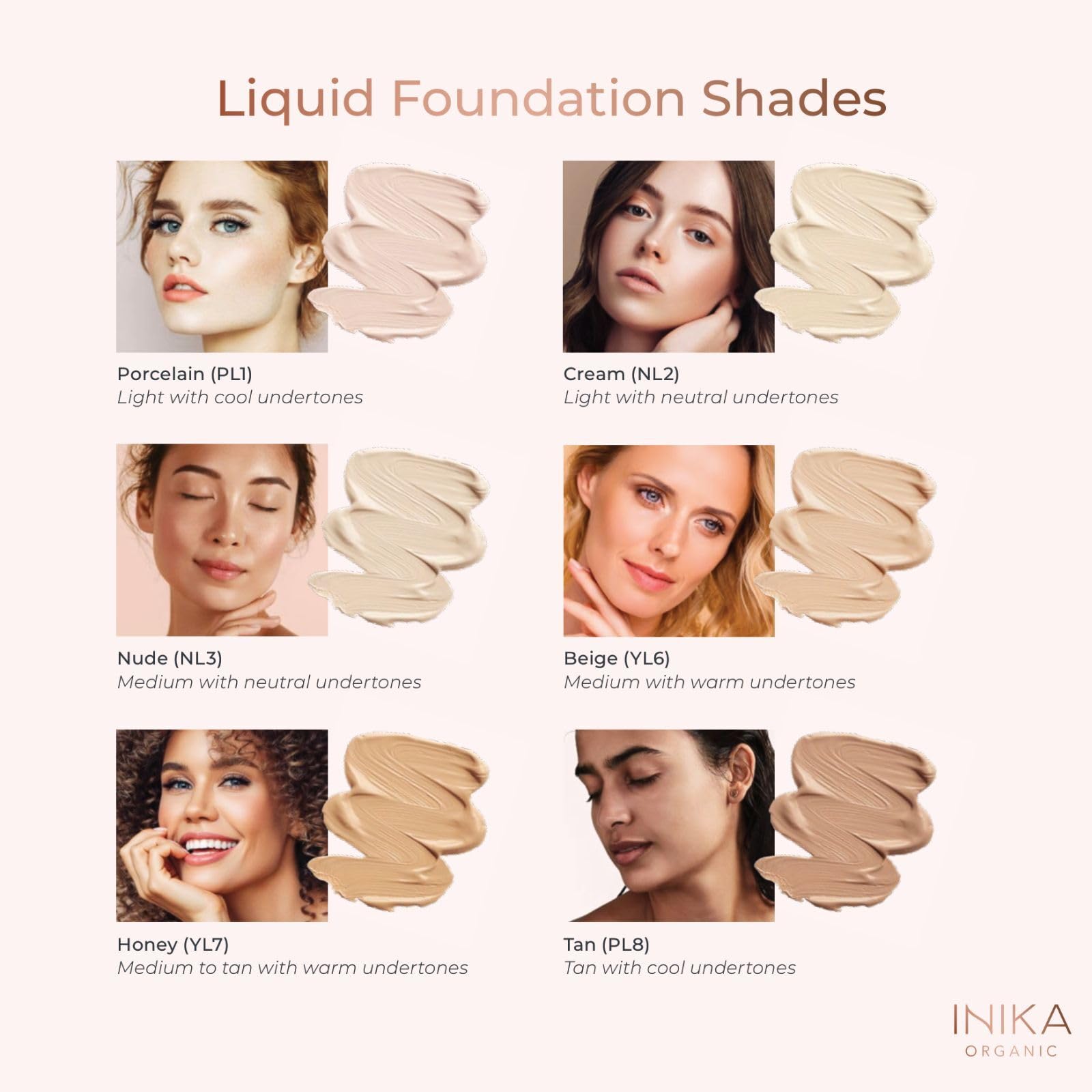 INIKA foundation shade range swatches show cool, warm, and neutral undertones