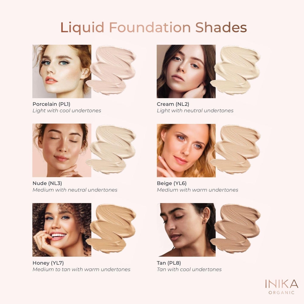 INIKA foundation shade range swatches show cool, warm, and neutral undertones