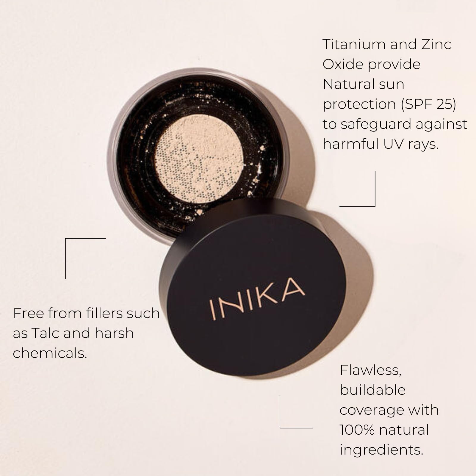 INIKA Mineral Foundation swatch on skin highlighting buildable coverage