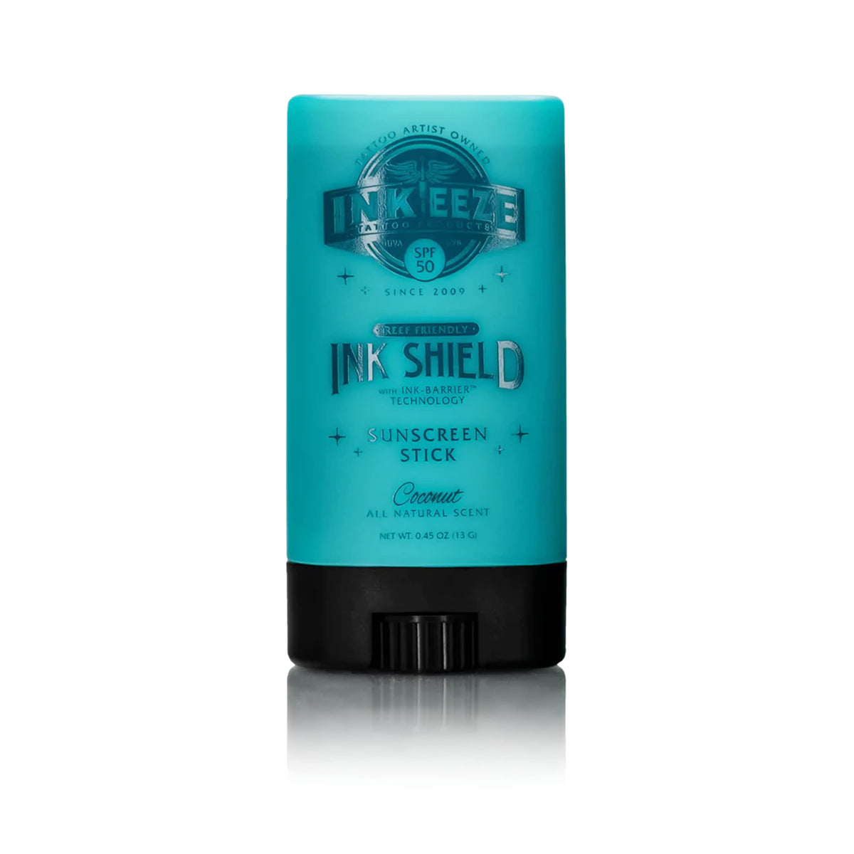INK-EEZE Tattoo Sunscreen Stick front view with clear application protecting tattoos