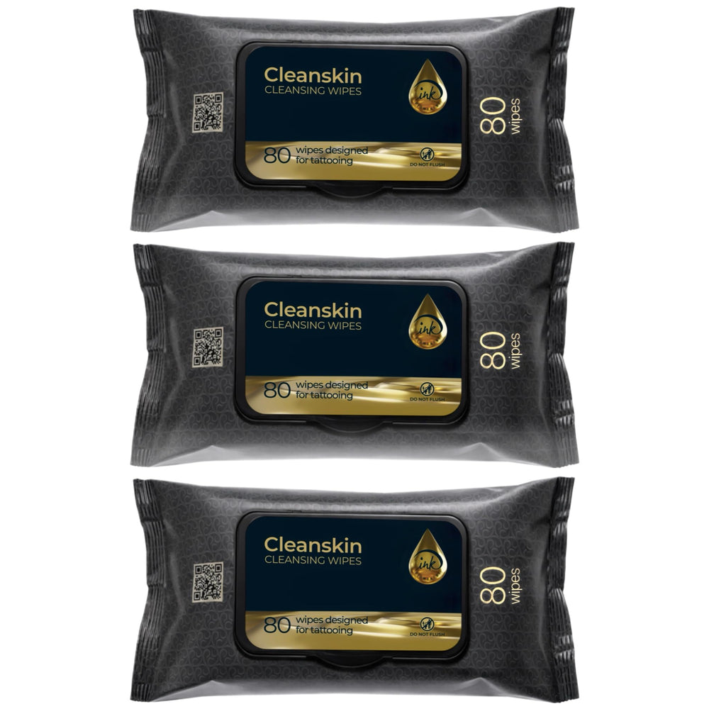 Ink Permanent CleanSkin wipes in a tub front for easy tattoo cleaning.