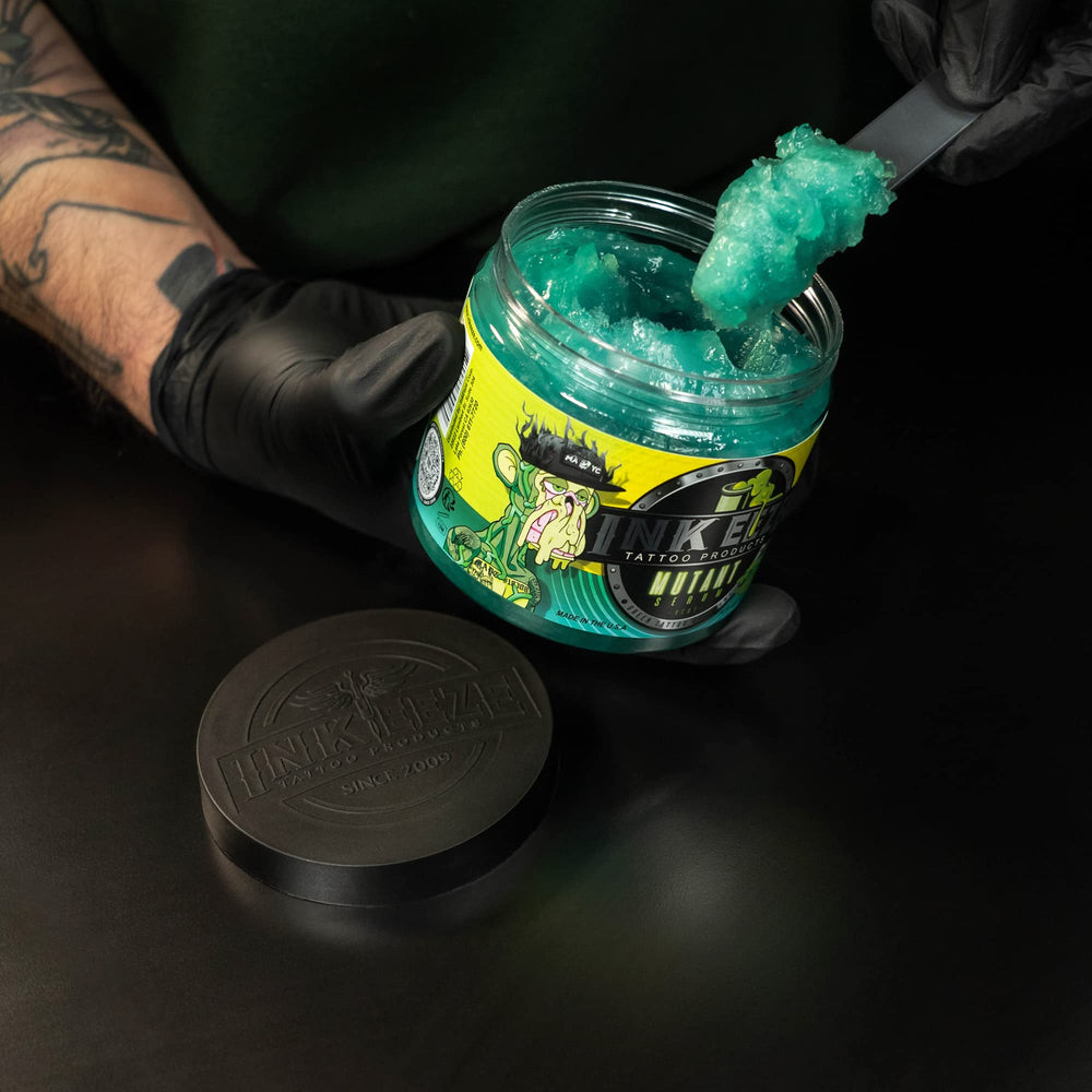 INK-EEZE Mutant Serum green ointment swatch shows smooth post-tattoo care.