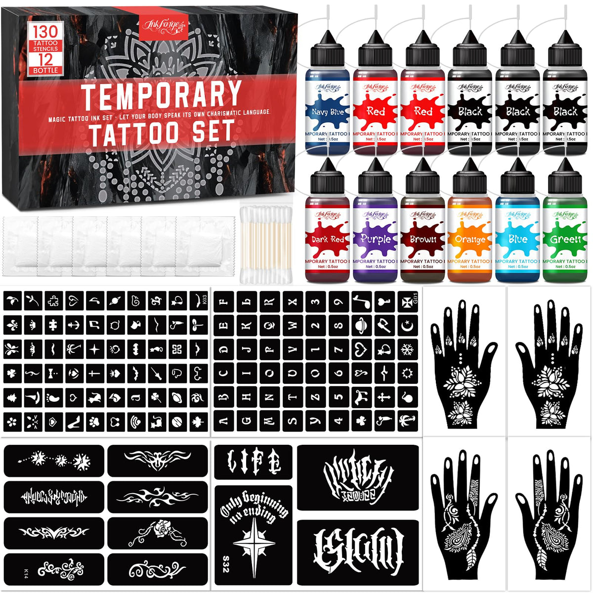 InkForge 12-bottle tattoo ink kit for vivid temporary designs you can test anywhere