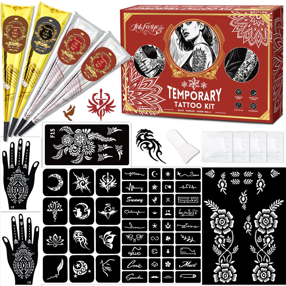 InkForge tattoo kit contents with templates and inks for quick, safe temporary body art.