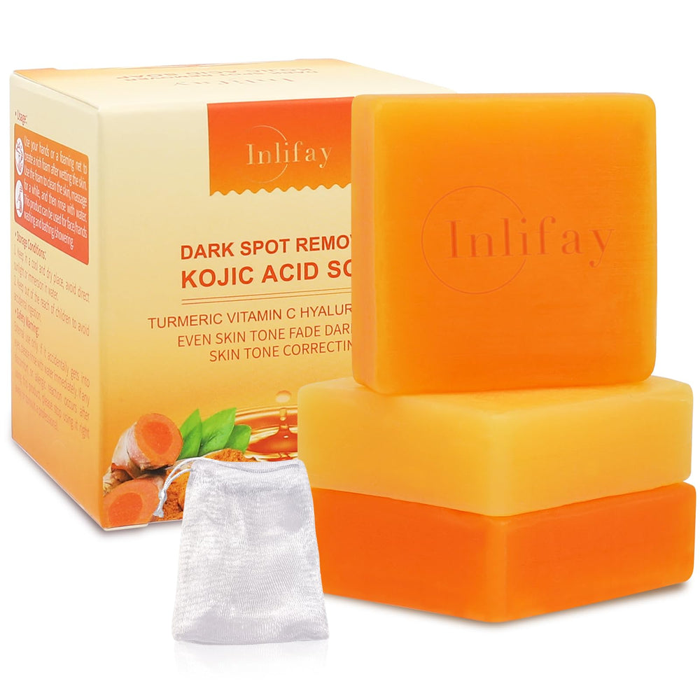 Inlifay Kojic Acid Turmeric Soap with a foaming net for deeper cleansing.
