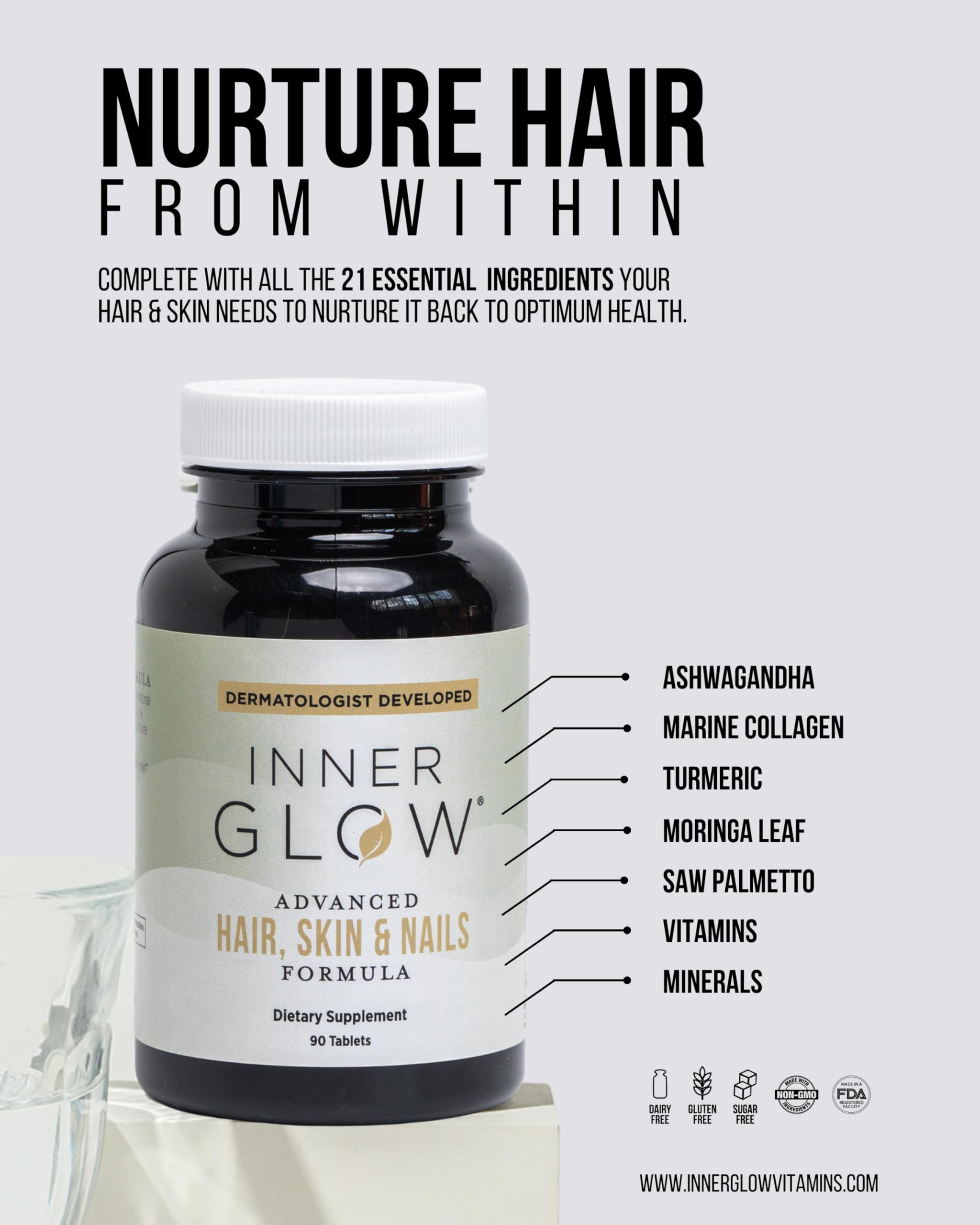Inner Glow bottle on vanity with soft lighting for daily use.