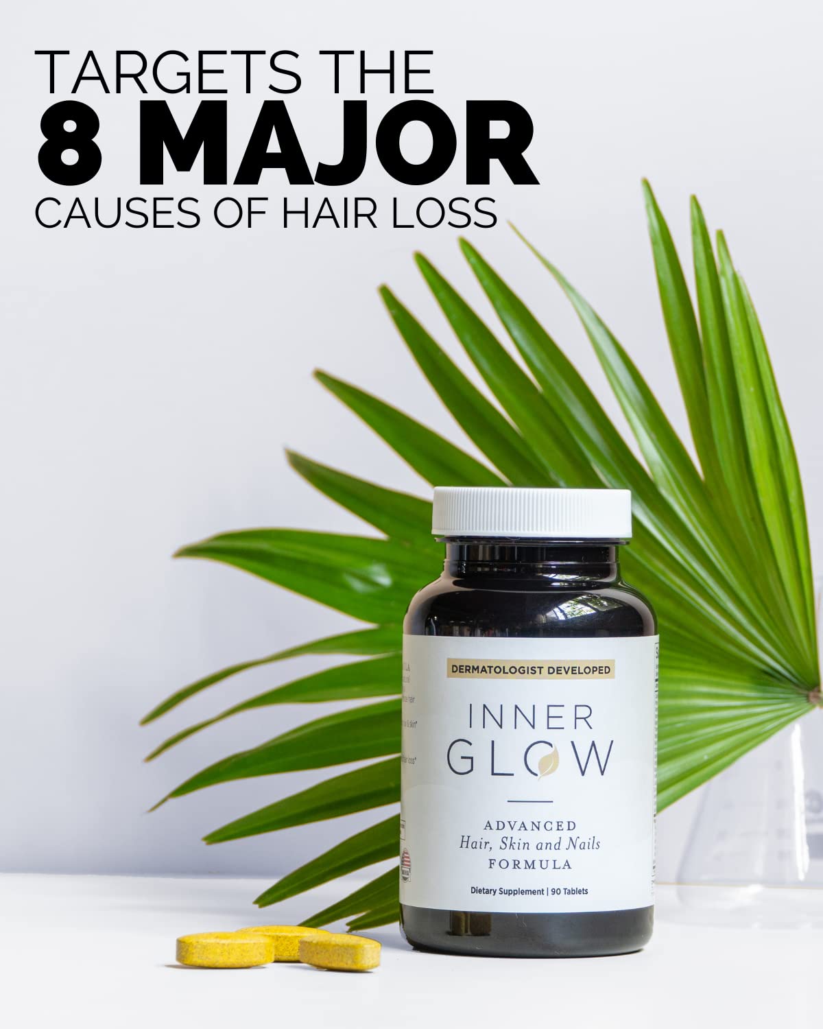 Inner Glow nutrient table featuring biotin, collagen and B vitamins.