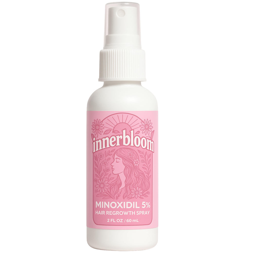 Innerbloom 5% Minoxidil women bottle ready for daily use to support fuller hair.