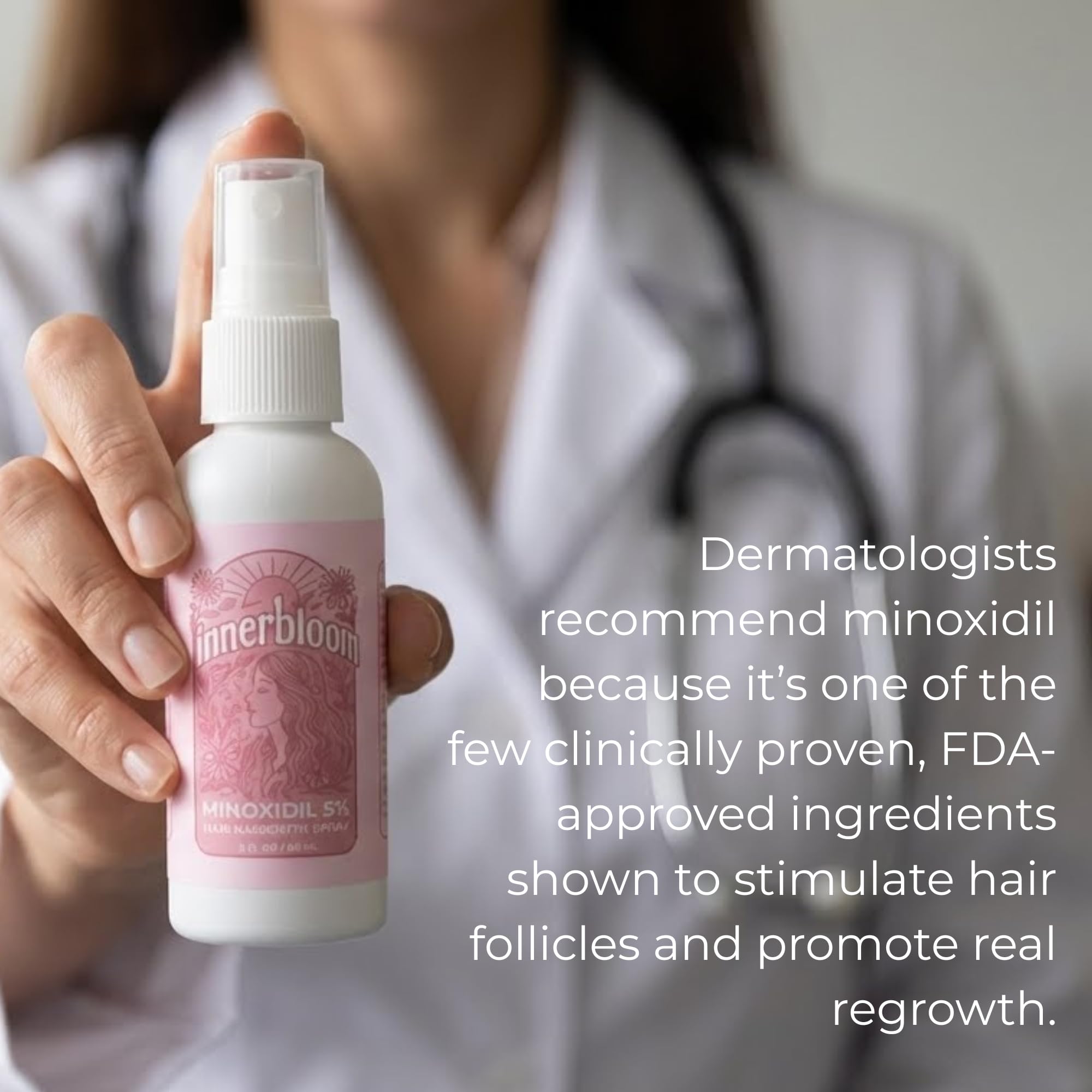 Innerbloom minoxidil women spray pump shown for precise, mess-free scalp application.