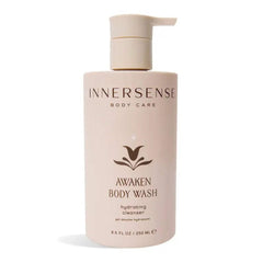 INNERSENSE Awaken Body Wash bottle showing avocado oil hydration for gentle cleansing