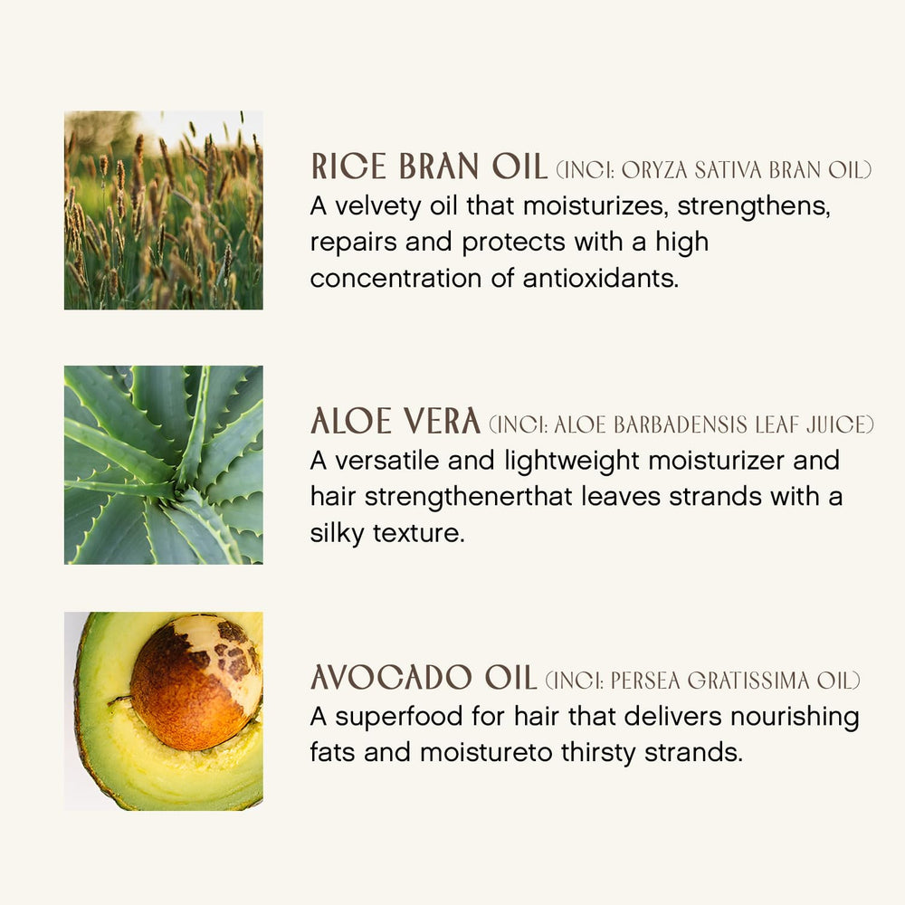INNERSENSE organic haircare ingredients list visual featuring rice bran oil and aloe
