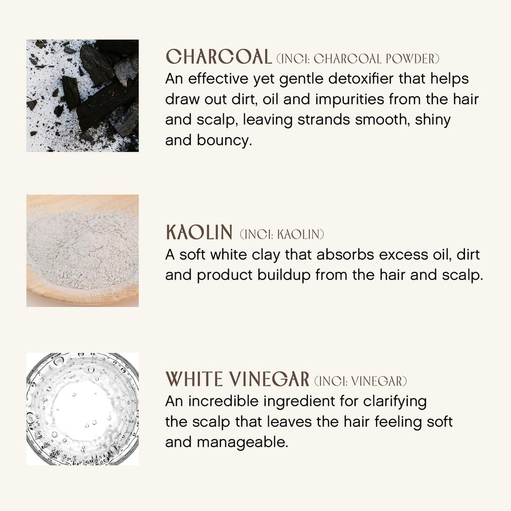 Close-up of charcoal, kaolin clay, and white vinegar ingredients.