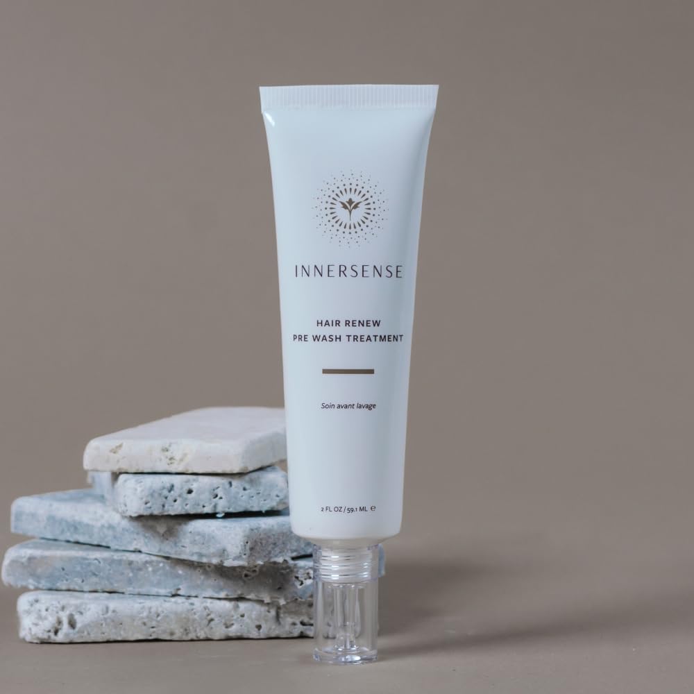 INNERSENSE Hair Renew Pre-Wash Treatment packaging displayed on shelf for vegan, cruelty-free care.
