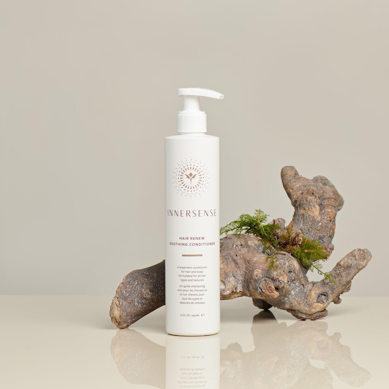 INNERSENSE Hair Renew Soothing Conditioner on bathroom shelf evokes clean, spa-like routine.