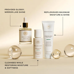 INNERSENSE Hydrate & Shine Set Conditioner bottle pour for detangling and moisture balance.