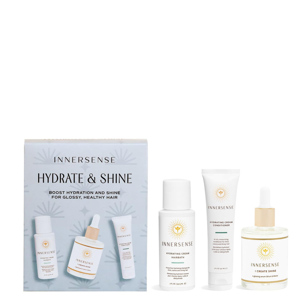 INNERSENSE Hydrate & Shine Set Hairbath bottle pour for a refreshing cleanse and hydrated shine.