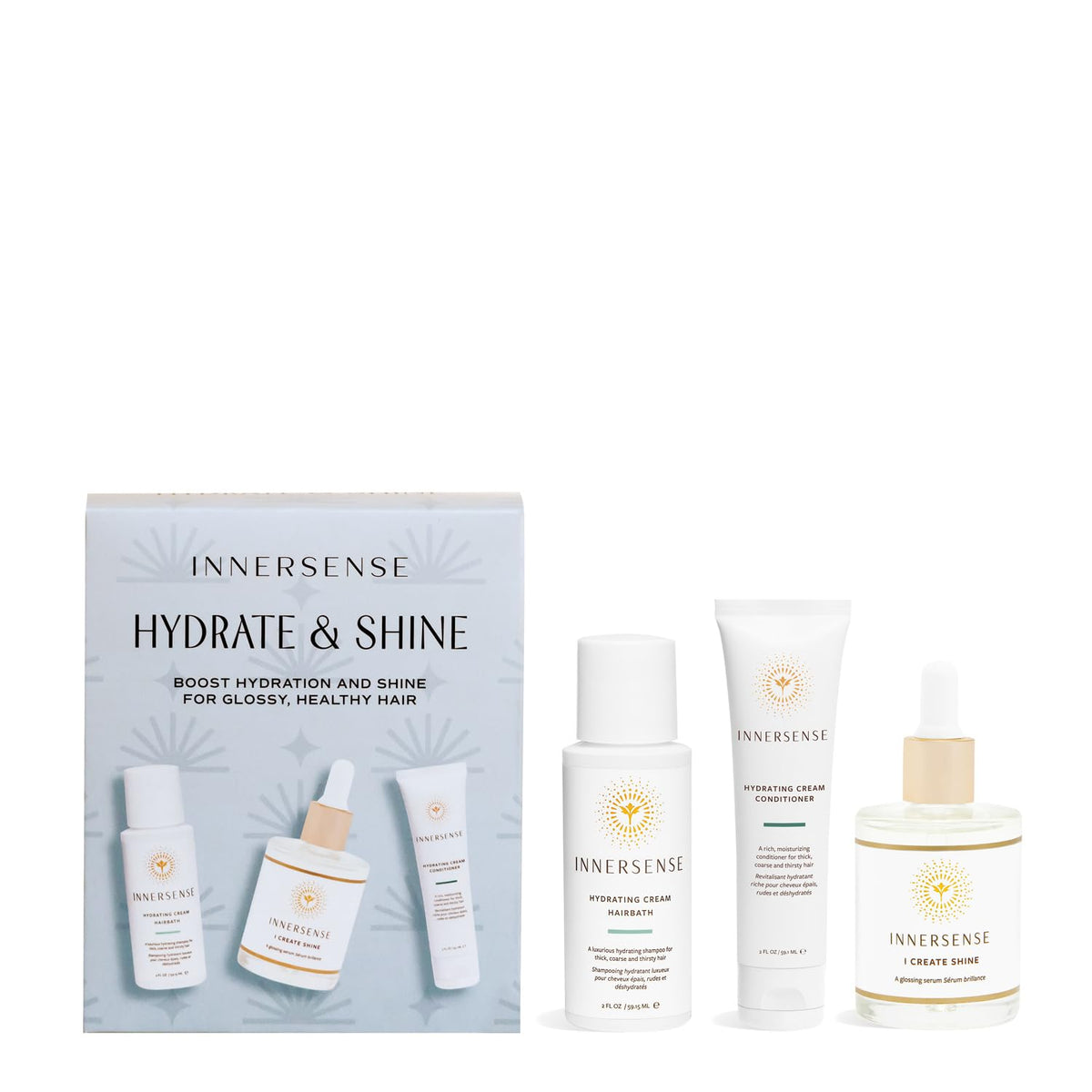 INNERSENSE Hydrate & Shine Set Hairbath bottle pour for a refreshing cleanse and hydrated shine.