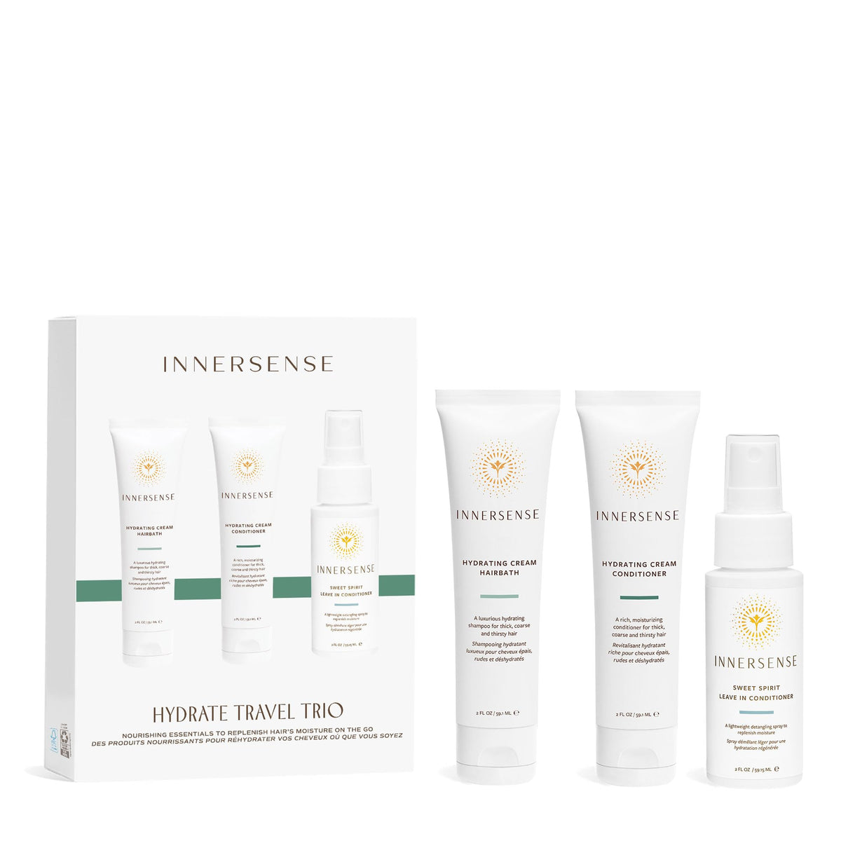 INNERSENSE Hydrating Travel Hair Trio packaging for on-the-go moisture.