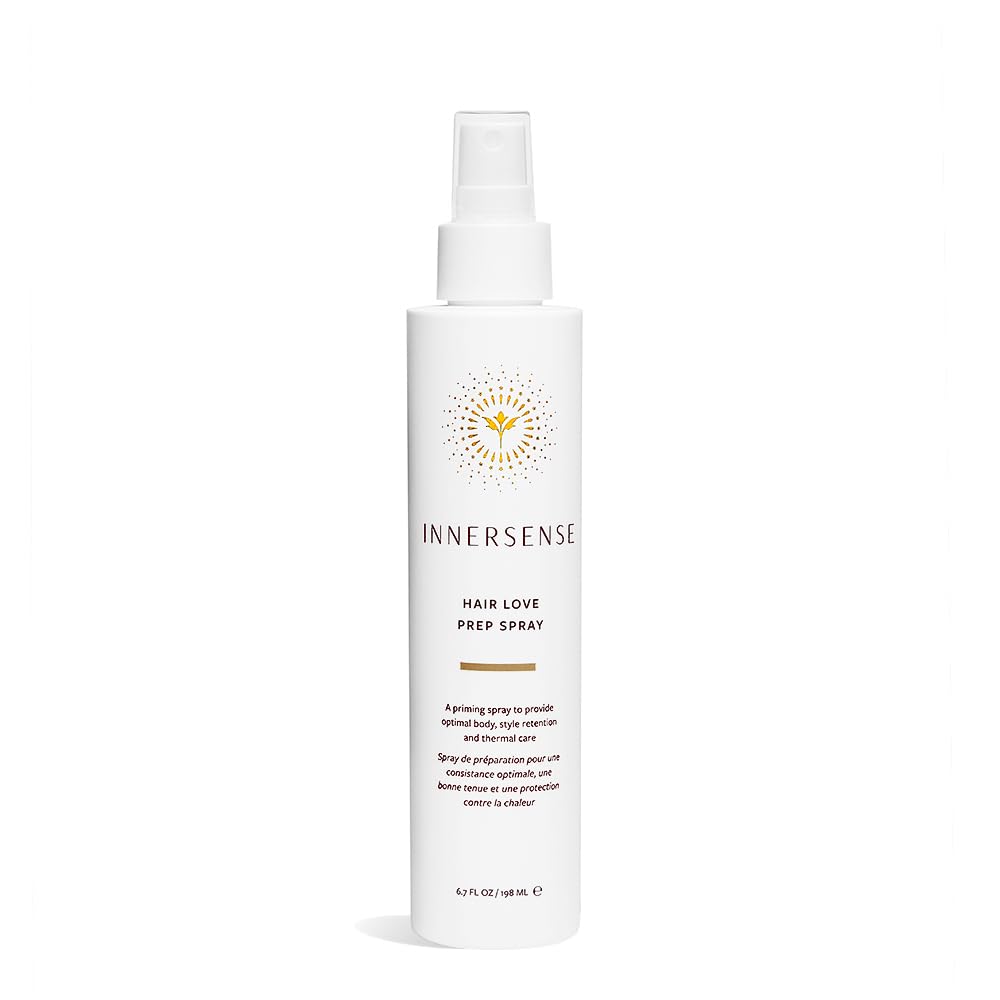 INNERSENSE Organic Hair Prep Spray bottle closeup highlighting priming for fuller body.
