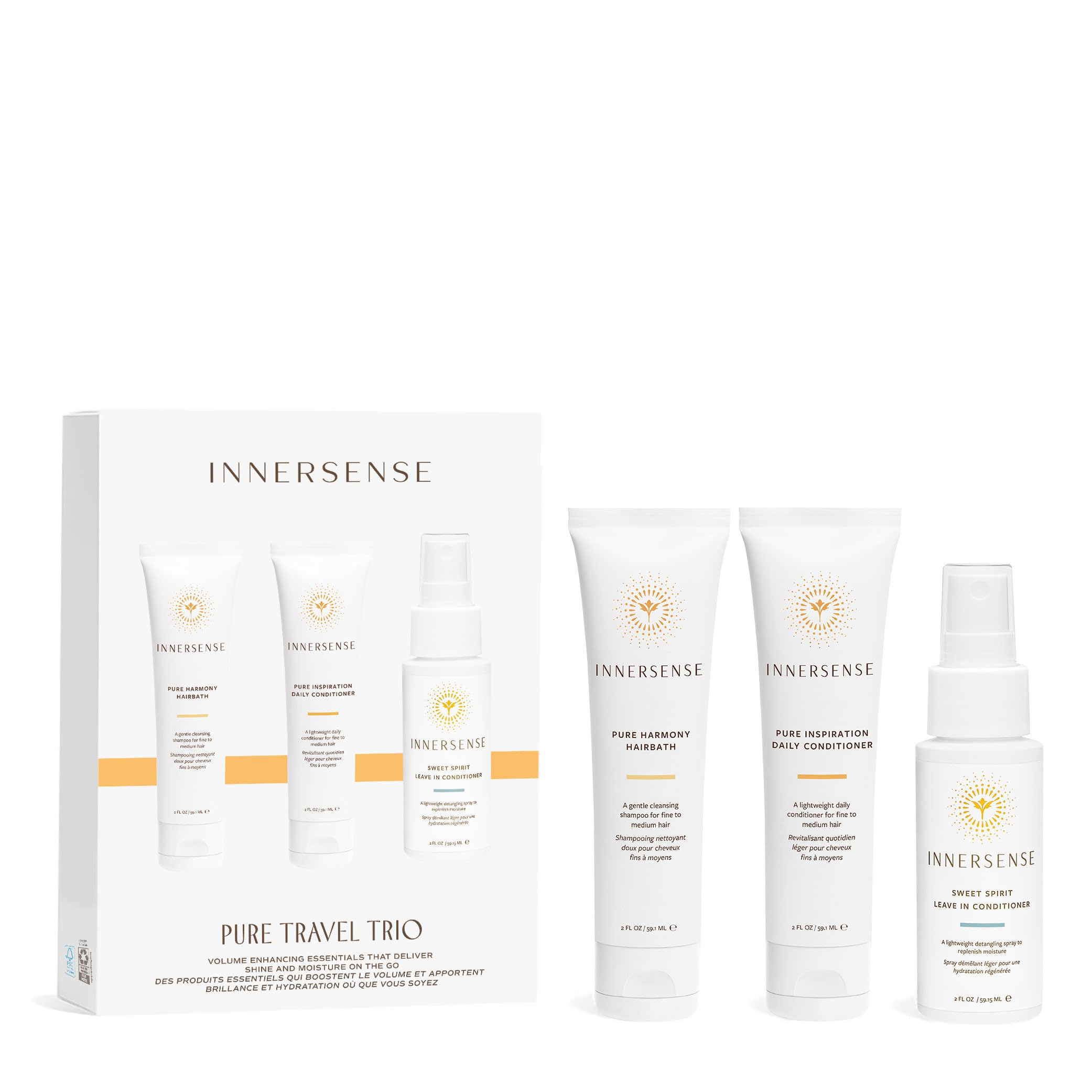 INNERSENSE Pure Harmony travel trio packaging highlights color-safe, non-toxic care.