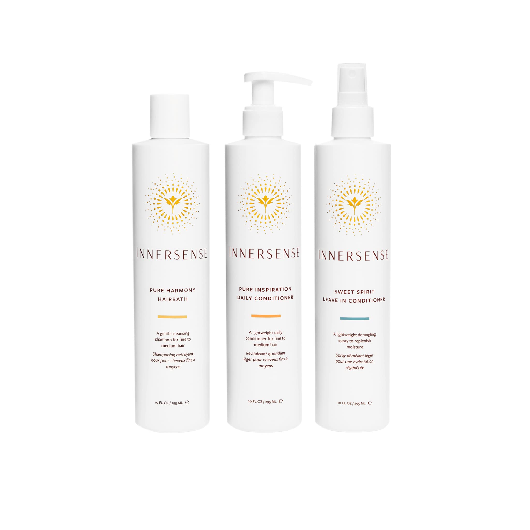 INNERSENSE Pure Harmony Trio haircare set bottle, color-safe cleansing for fine to medium hair
