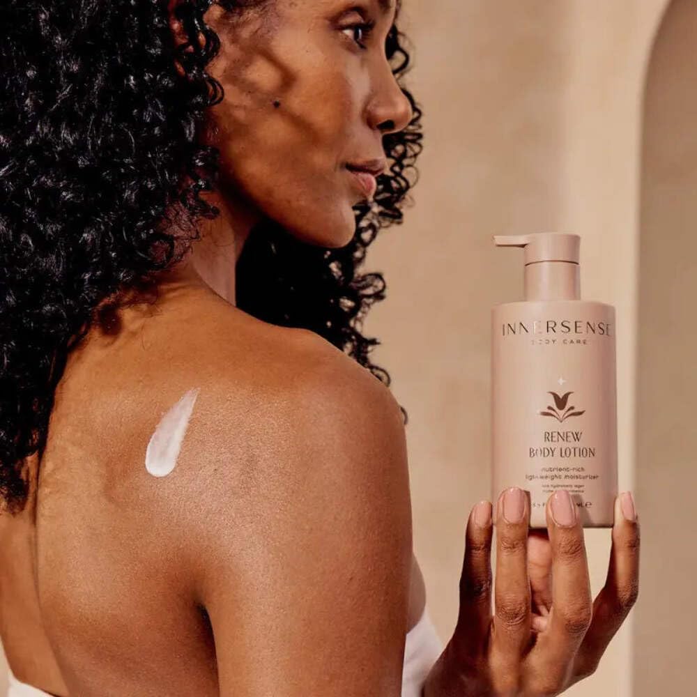 INNERSENSE Renew Body Lotion application on forearm shows even hydration.