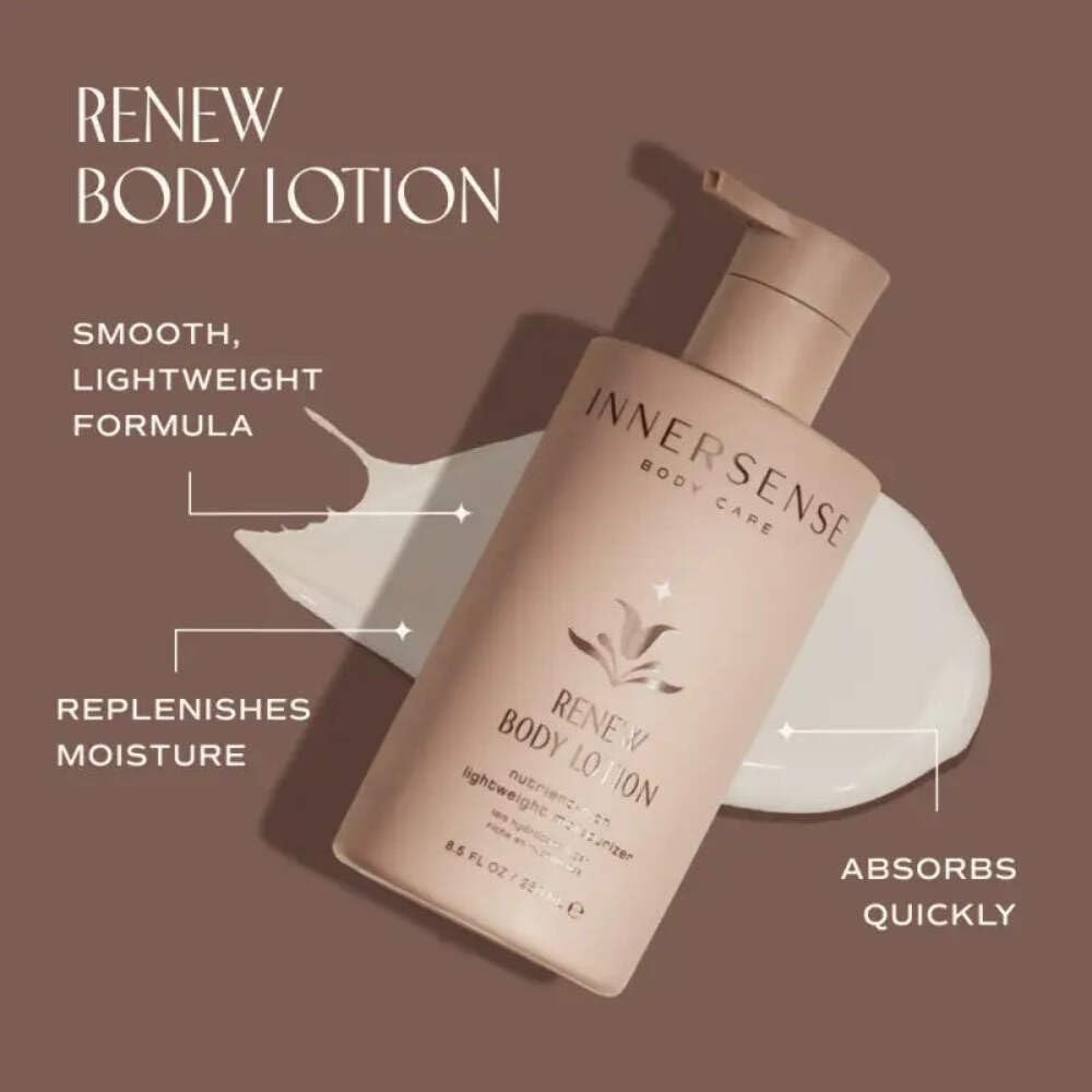 INNERSENSE Renew Body Lotion ingredients bottle highlights kokum butter and vitamins.
