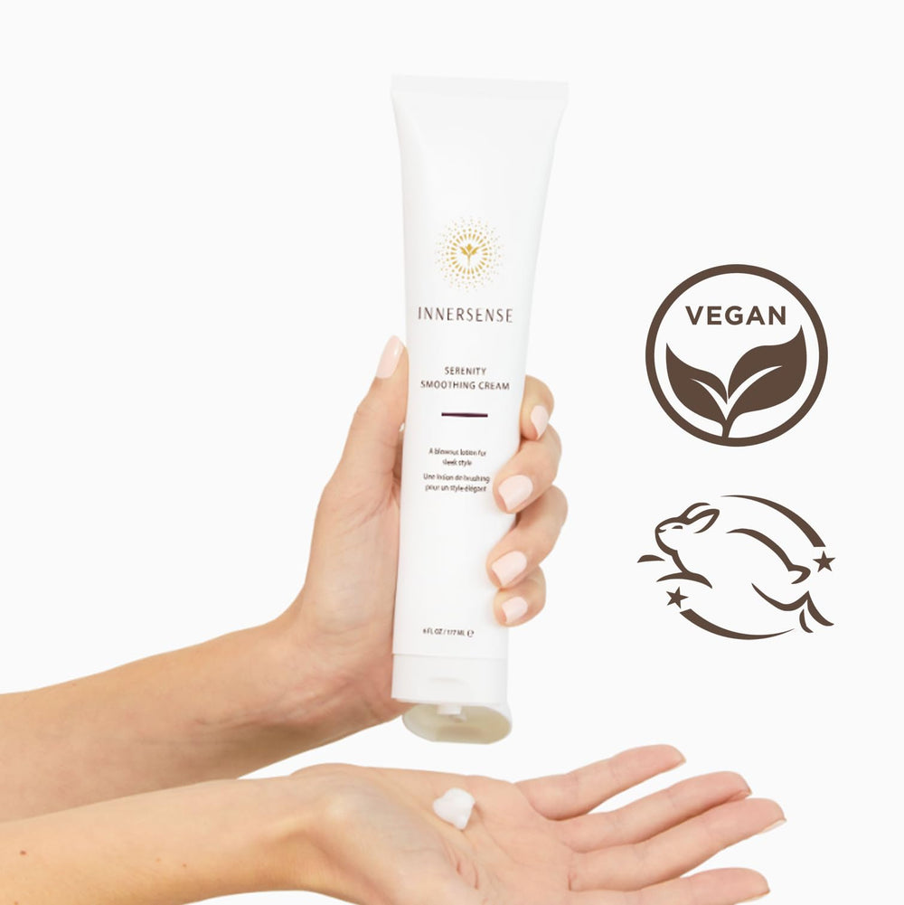 INNERSENSE Serenity Hair Cream in use for frizz control and shine.