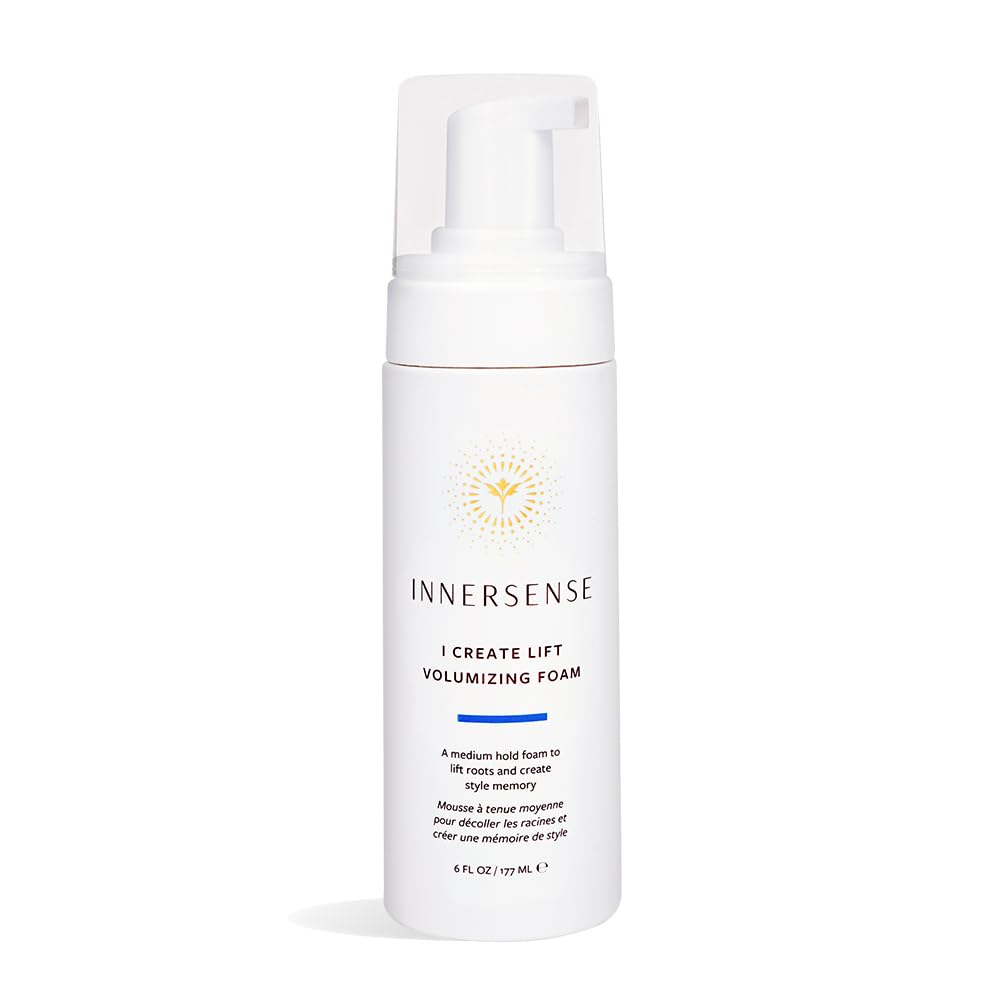 INNERSENSE Lift Volumizing Foam bottle closeup showing root lift and texture benefits.
