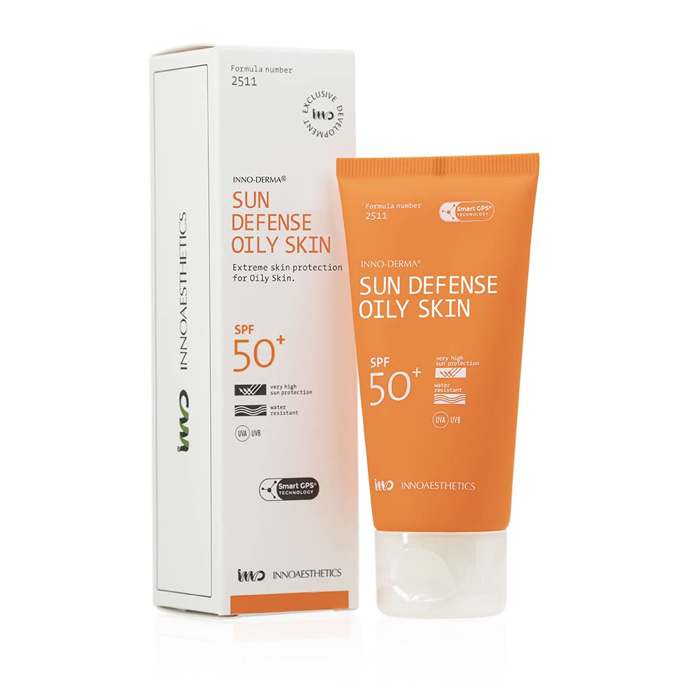 INNOAESTHETICS Inno-Derma Sun Defense bottle closeup, SPF 50+ with light hydration.