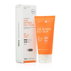 INNOAESTHETICS Inno-Derma Sun Defense bottle closeup, SPF 50+ with light hydration.
