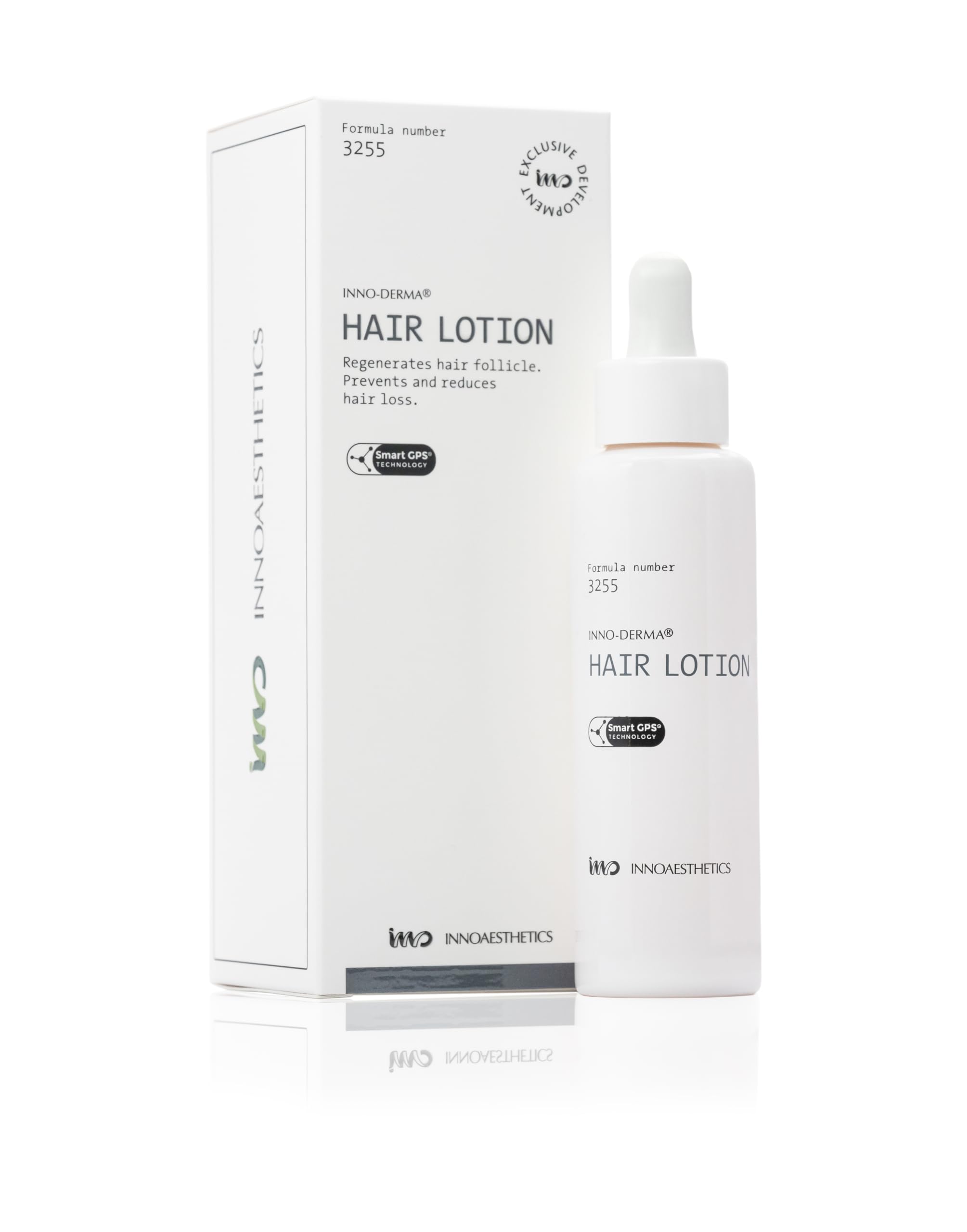 INNO-DERMA Hair Growth Lotion bottle demonstrating formula 3255 for scalp nourishment and potential hair growth support