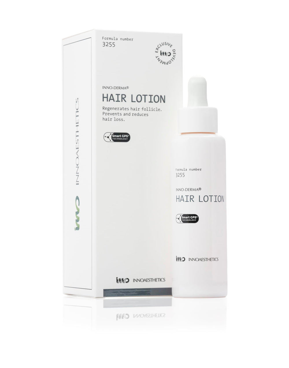 INNO-DERMA Hair Growth Lotion bottle demonstrating formula 3255 for scalp nourishment and potential hair growth support