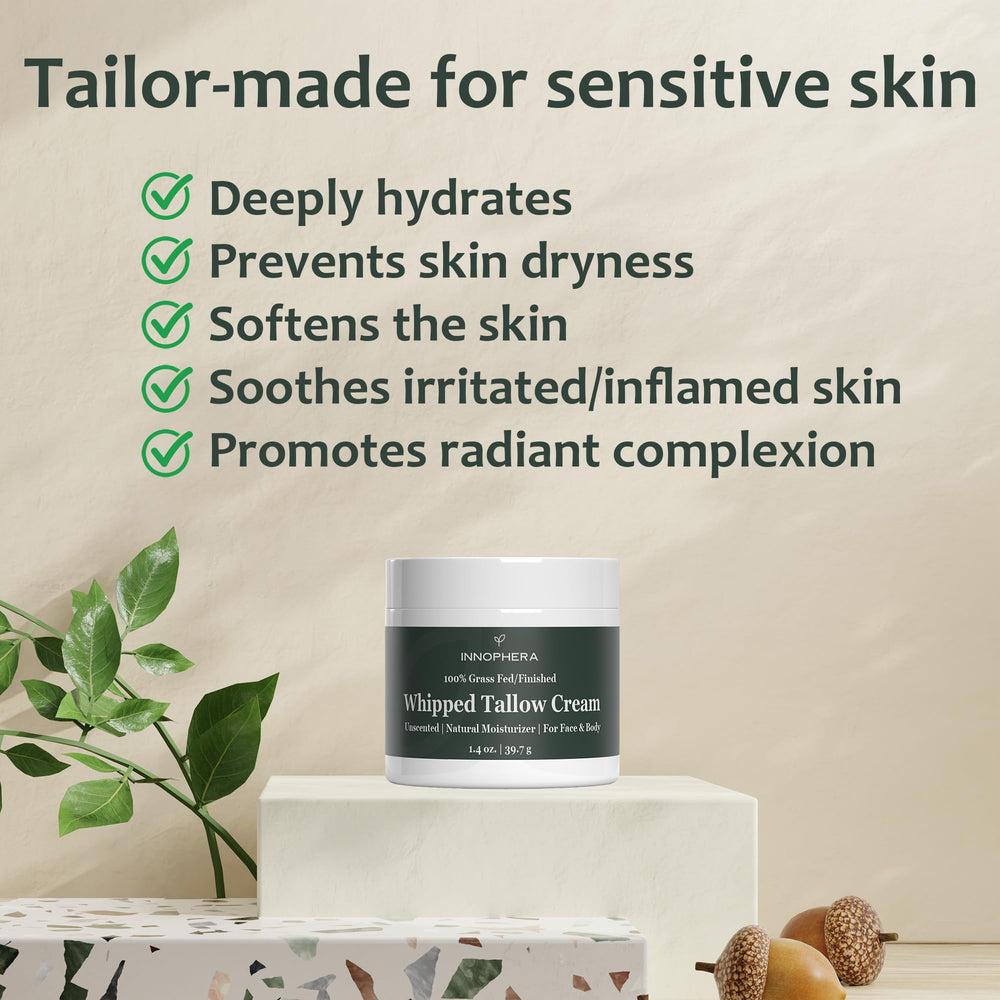 Innophera grass-fed beef tallow ingredients panel highlights two-ingredient formula.