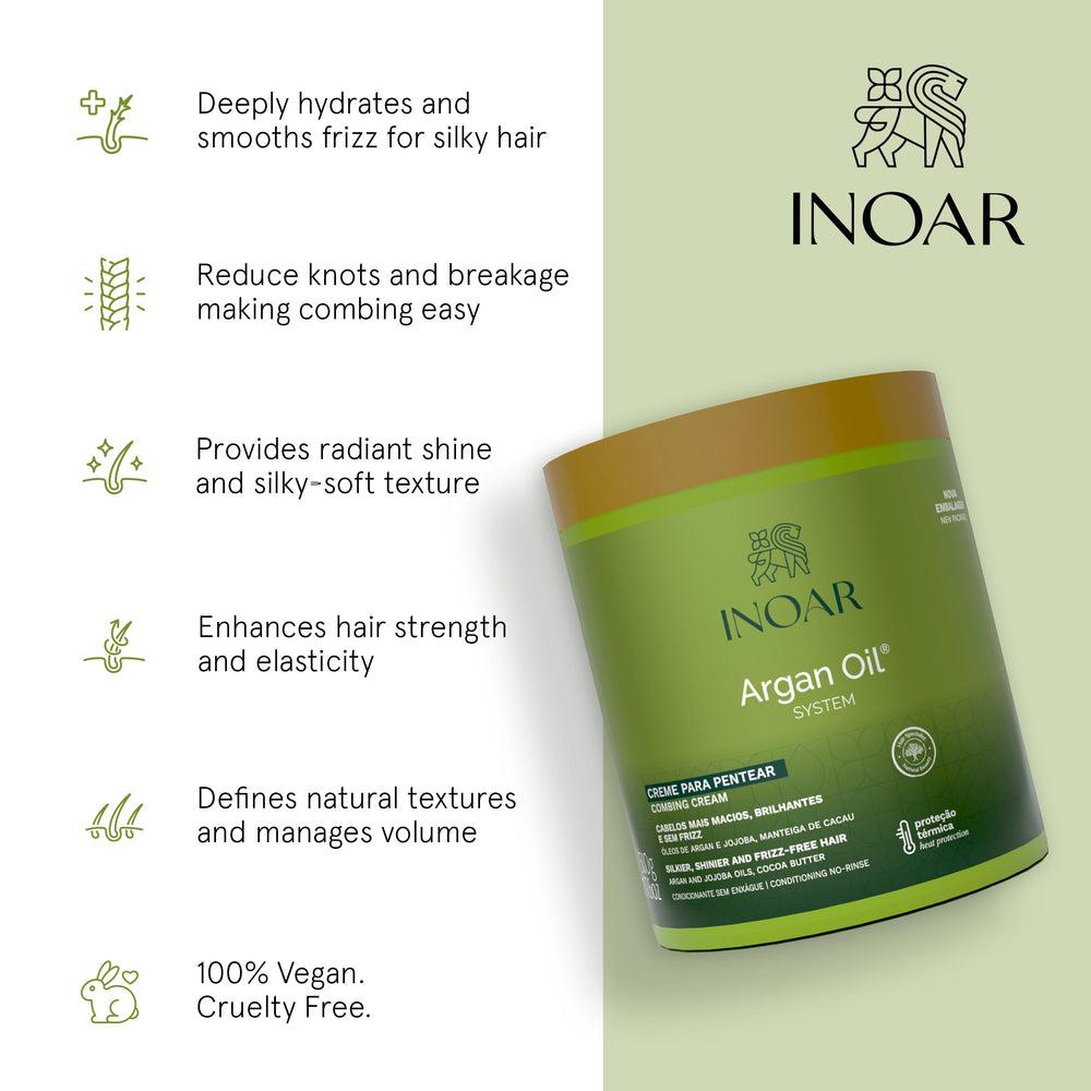 INOAR Argan Oil Combing Cream texture highlighting deep hydration