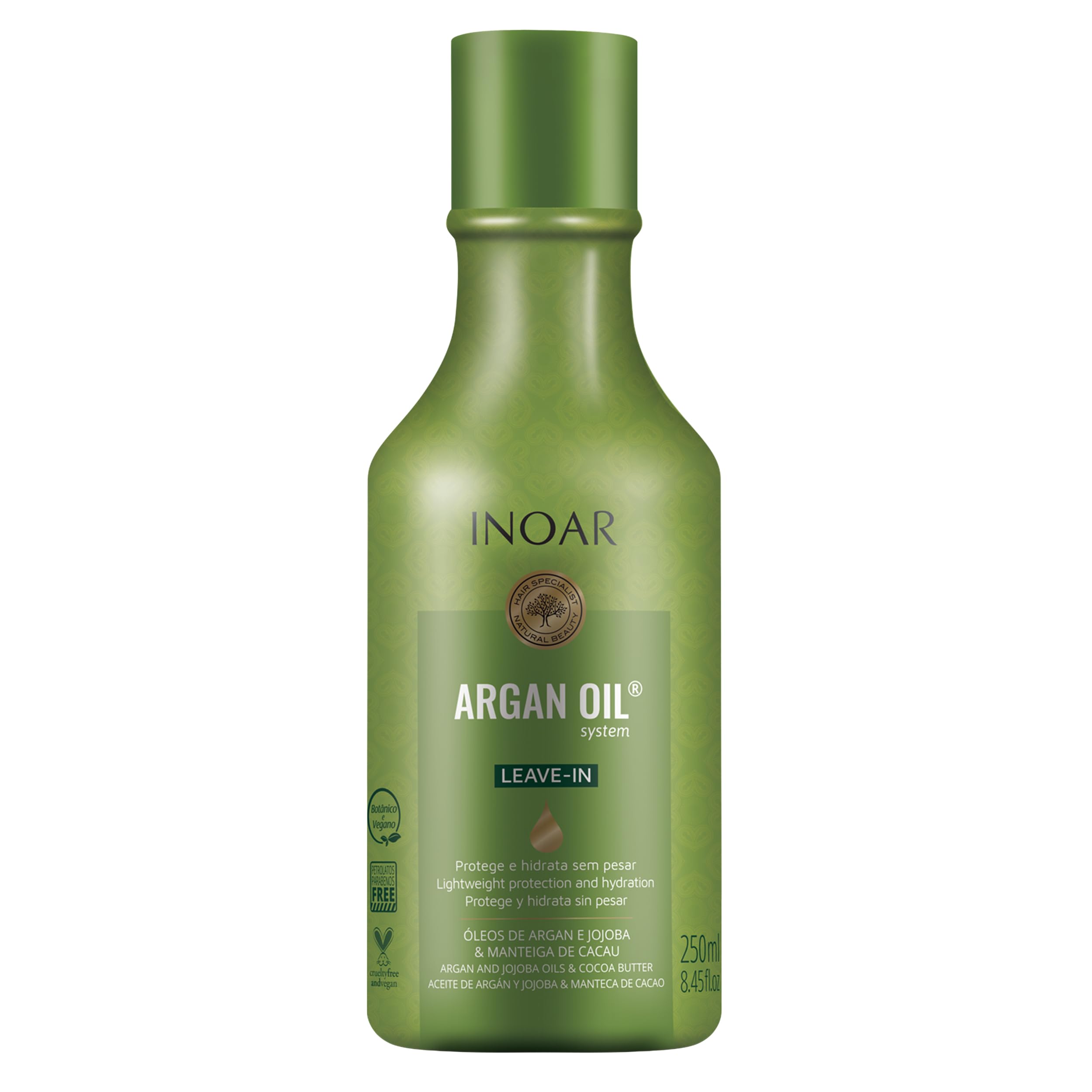 INOAR Argan Oil Leave-In Treatment bottle close-up highlighting protection